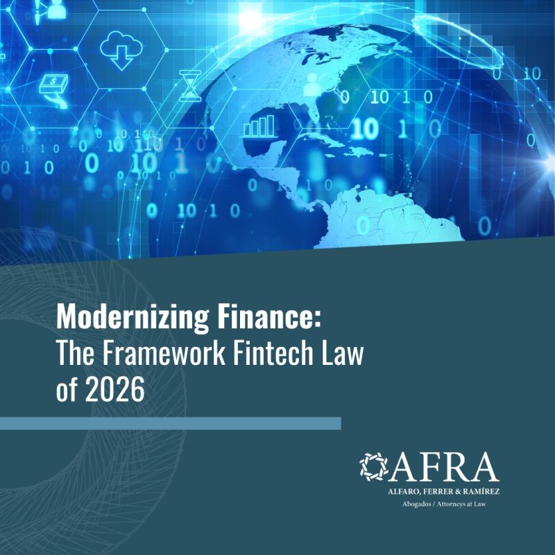 Infografía de AFRA sobre la Ley Fintech de Panamá 2026: Modernizing Finance. Imagen con fondo azul tecnológico, un globo terráqueo digital y códigos binarios.